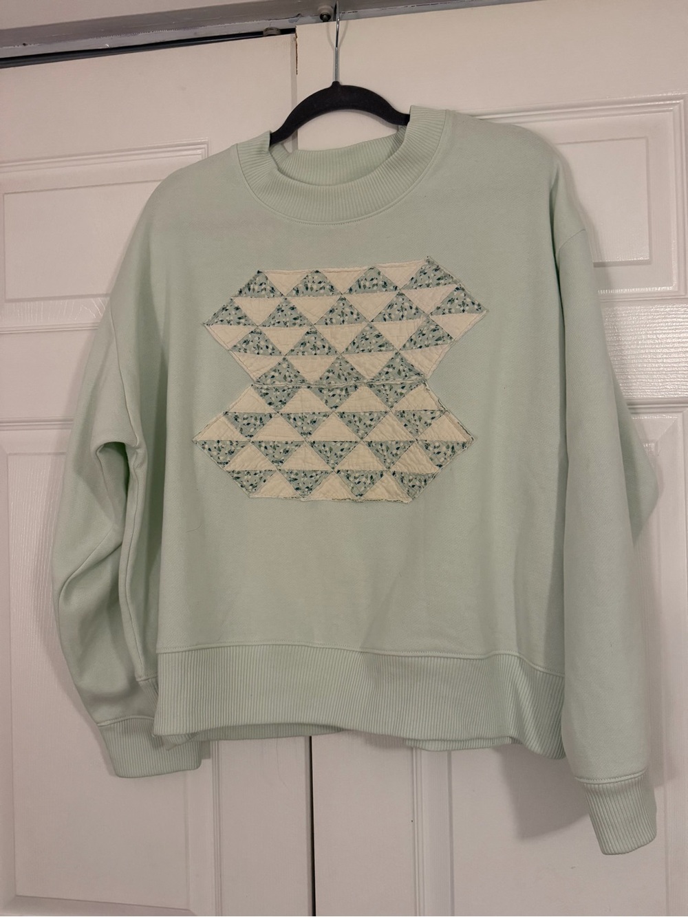 Mint Green Women's Pullover Sweater with Geometric Quilted Patch Detail